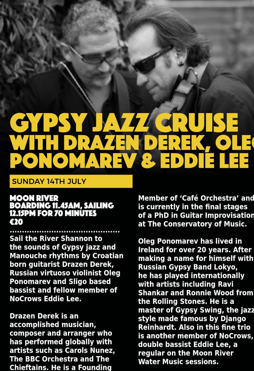 peterhenry9's tweet photo. All aboard for the Gypsy #Jazz Cruise .@WaterMusicFest
Boarding @moonrivercruise now and setting sail at 1215 today
#cwmf19 #carrickonshannon https://t.co/2sYOZYGe16