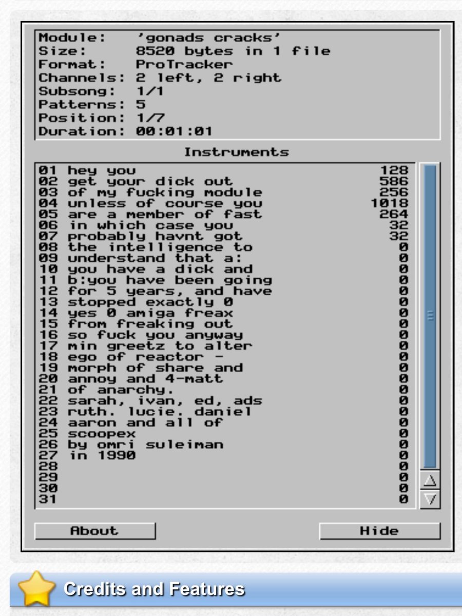 JudgeDrokk's tweet image. Telling it to the &apos;man&apos; in 1990. #Amiga #demoscene #protracker #crack #anarchy