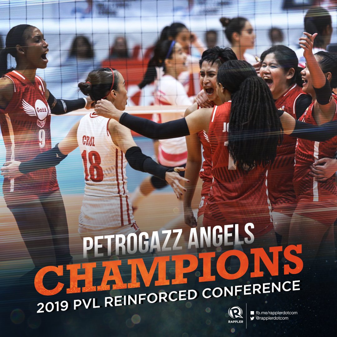 RapplerSports's tweet photo. BREAKING NEWS. PetroGazz Angels are your 2019 PVL Reinforced Conference CHAMPIONS! 🏆

PetroGazz dethrones Creamline Cool Smashers in 4 sets, 25-15, 28-30, 25-23, 25-19 to clinch the title in #PVL2019 Finals Game 3.

HIGHLIGHTS: https://t.co/atcoVUGVVK https://t.co/ATYZcMEZfp
