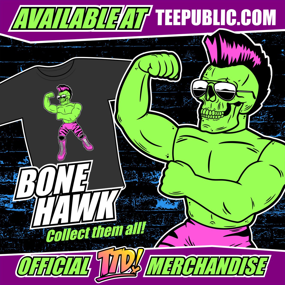 TTDWrestling's tweet photo. Official @TTDWrestling merch! BONE HAWK now available in the TTD TeePublic store. Link in the bio! ☠ Collect them all! Black and white version also available. Printed in both the US and Europe for quick shipping! #DeadFed #BoneHawk #new #ttdwrestling https://t.co/B5lJFN0Q8T