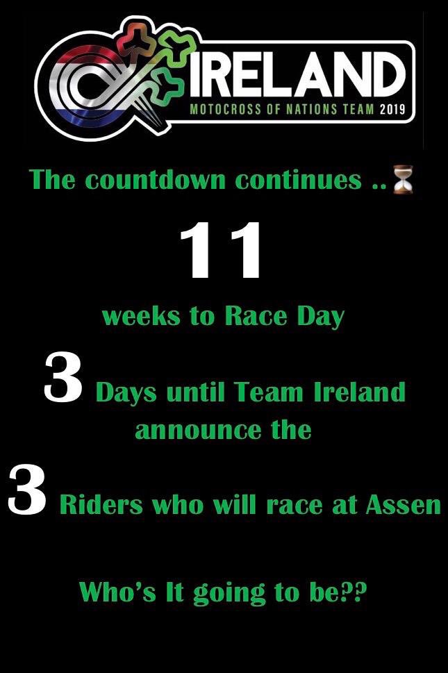 With the Irish MX Commission meeting on Tuesday 16th July to discuss and review the Team Managers proposal, the 3 rider line-up for the MXoN Motocross of Nations - The Netherlands will be announced on Wednesday morning..
What other 2 riders will be joining <a href="/mbarr50/">Martin Barr</a> in Assen..