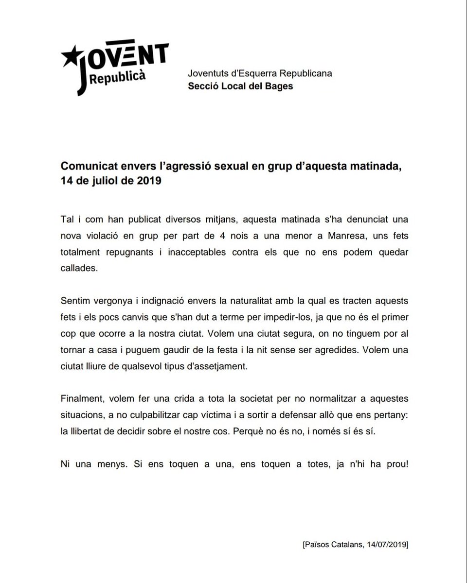joventbages's tweet photo. Comunicat envers l'agressió sexual en grup aquesta matinada, 14 de juliol de 2019. #NOesNO https://t.co/pli67Lyz82