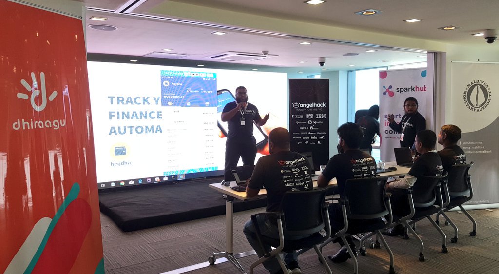 angelhackmv's tweet photo. #Heydha pitching their idea on Tracking expenses automatically 
#AH2019 @Dhiraagu @MMA_Maldives @sparkhubmv https://t.co/SCGITM7Bwb