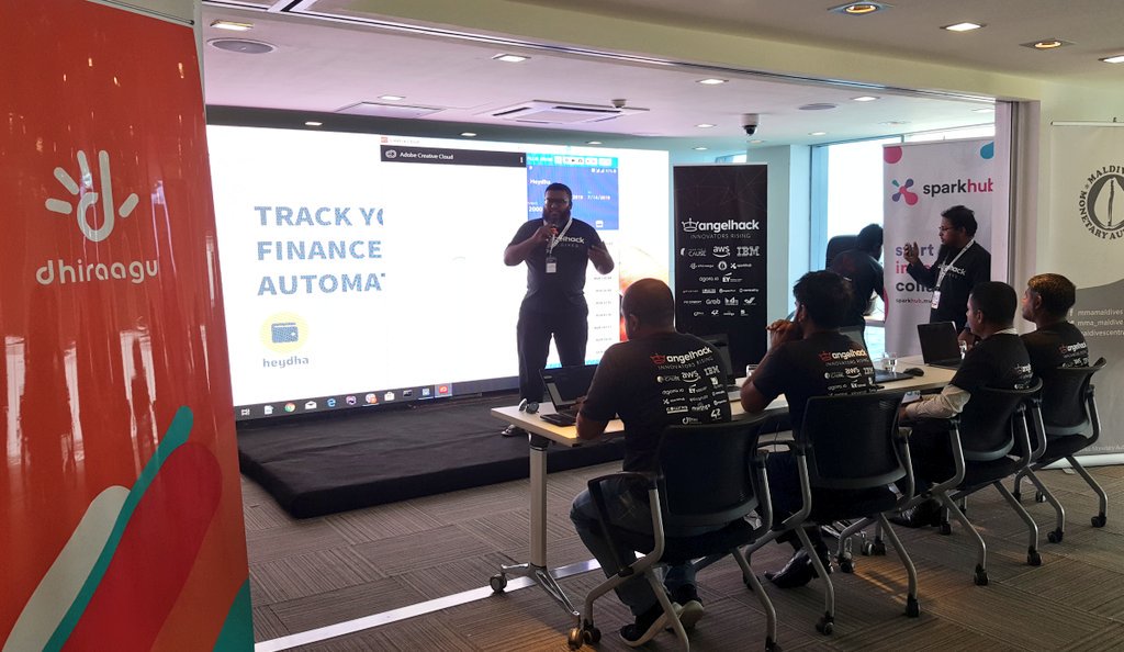 #Heydha pitching their idea on Tracking expenses automatically 
#AH2019 <a href="/Dhiraagu/">Dhiraagu</a> <a href="/MMA_Maldives/">MMA</a> <a href="/sparkhubmv/">SparkHub</a>