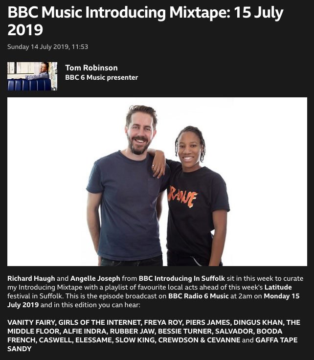 Tonight's <a href="/BBCIntroducing/">BBC Music Introducing</a> MIXTAPE 
bbc.co.uk/blogs/introduc…
curated by <a href="/RichardHaugh/">Richard Haugh</a> &amp; #AngelleJoseph from <a href="/BBCIntroSfk/">BBCIntroSFK</a> will include:
<a href="/vanityfairydust/">Vanity Fairy</a>
@girlsoftheinternet
<a href="/freyaroy/">Freya Roy</a>
<a href="/PiersJames/">هكر أخلاقي محمد</a>
<a href="/DingKhan/">Dingus Khan</a>
<a href="/TheMiddleFloor/">THE CALLING EP NOW AVAILABLE IN ALL STORES!!!</a> 
<a href="/cheriseofficial/">Cherise Phillips</a>
<a href="/alfieindra/">Alfie Indra</a>
<a href="/itsRubberJaw/">RubberJaw</a>