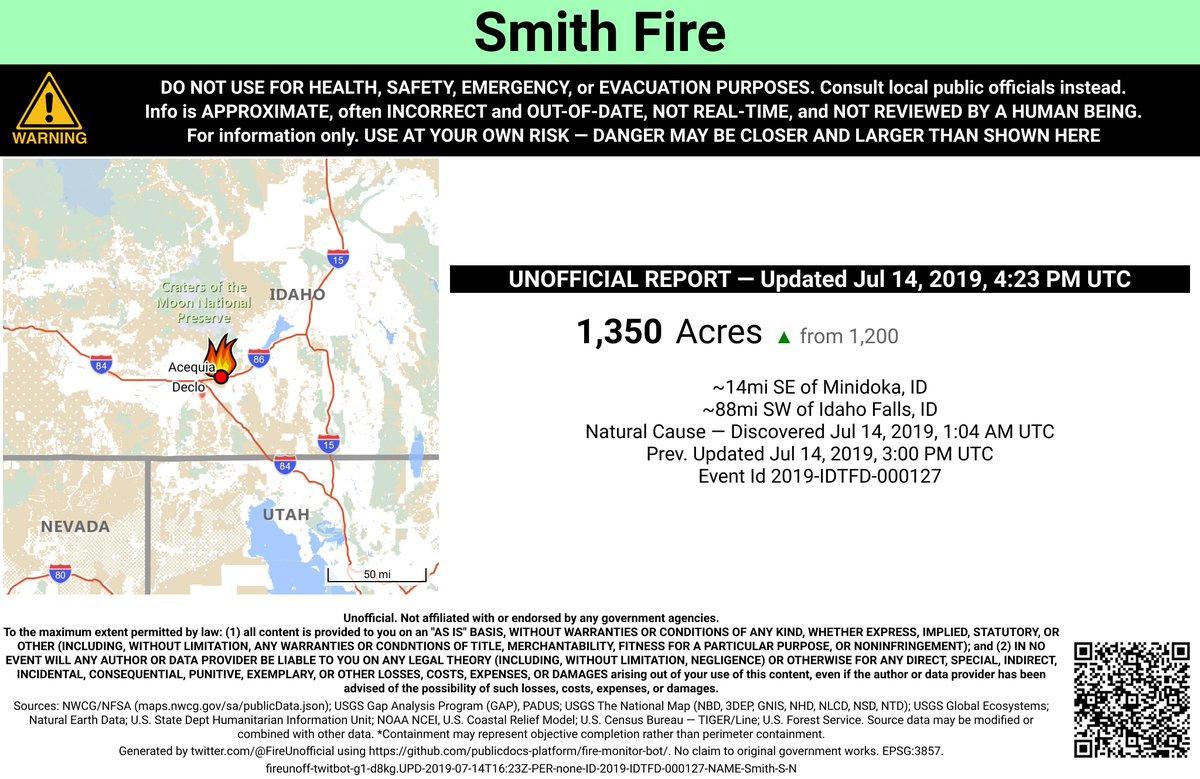 NRockFireBot's tweet image. #SmithFire 🔥 unofficial, automated update.
~14mi SE of Minidoka, ID. ⚠️ DO NOT USE FOR SAFETY PURPOSES - See officials instead. May be incorrect; disclaimers in images.