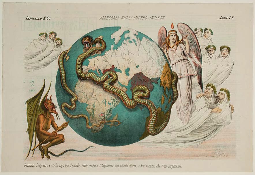 tarihist1's tweet photo. "İngiliz İmparatorluğu'nun Alegorisi" başlığıyla 1878 tarihli İtalyan illüstrasyonunda İngiliz emperyalizmi Amerika, Çin, Avustralya, Hindistan, Afrika Kızıldeniz, Akdeniz ve Osmanlı Balkanlarına yayılmış bir yılan olarak resmedilmiştir. https://t.co/s4DKNDoE46