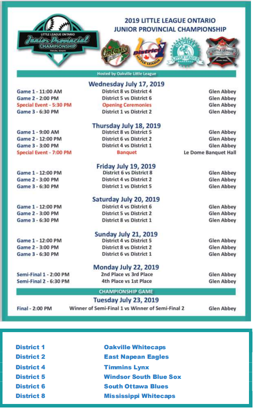 July 17-23, Glen Abbey Park: Cheer on the  Oakville Whitecap Junior team as they battle 5 other District winners to advance to the Canadian Championships in Lethbridge Alberta,  &amp; ultimately to the 2019 Junior World Series in Taylor Michigan. (Schedule attached).
