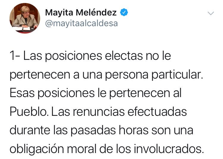 mayita_melendez's tweet photo. 1 - Elected offices do not belong to particular individuals. These offices belong to the people. The resignations that have occurred over the past 24 hours are a moral obligation.

#ThisIsNotOurPR  #PRstrong🇵🇷🇵🇷 https://t.co/iKXYdiClKt