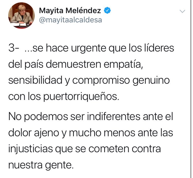 mayita_melendez's tweet photo. 3 - Which urgently require that Puerto Rican leadership show empathy, sensitivity and a genuine commitment to the Puerto Rican people.
We can’t show indifference to people’s pain or to the injustices that are being carried out against our people.
#ThisIsNotOurPR #PRstrong🇵🇷🇵🇷 https://t.co/v9CSyPQPwY