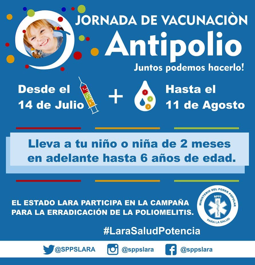 #14Jul Feliz Domingo la Gobernación del estado Lara bajo la gestión de @gestionperfecta te invita a las jornadas de vacunación Antipolio  por una #LaraSaludPotencia a través de @SPPSLARA únete a esta importante campaña por nuestros niños larenses #VenezuelaDefiendeLaPaz