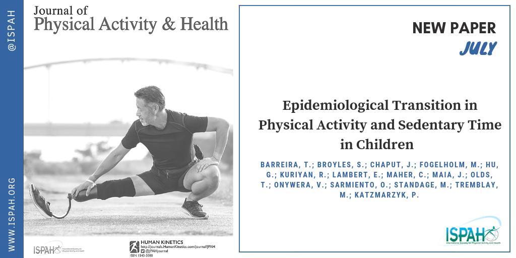New article in this month's <a href="/JPAHjournal/">Journal of Physical Activity & Health</a> 'Epidemiological Transition in Physical Activity and Sedentary Time in Children' published by #ISPAH members Estelle Lambert, Mark Tremblay &amp; colleagues!