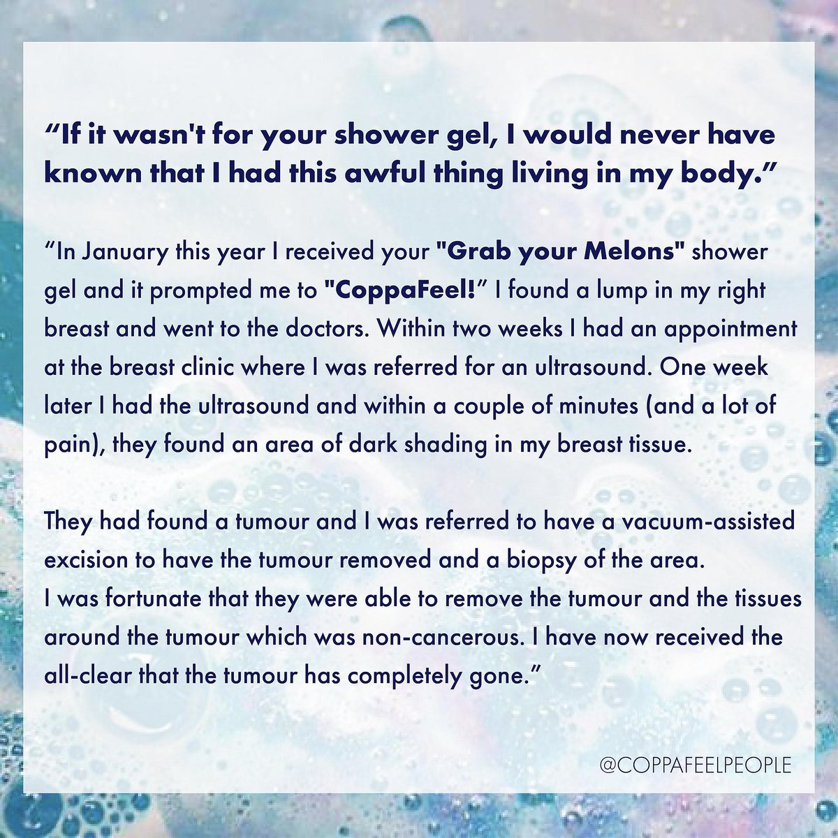 CoppaFeelPeople's tweet photo. How powerful is a shower gel? If it's one of these CoppaFeel! X @ukanatomicals ones, very. Nicole got in touch after grabbing her melons and finding a lump in her right breast. This is her story. #checkyourmelons #showerhijack https://t.co/RUuFuPLIO3
