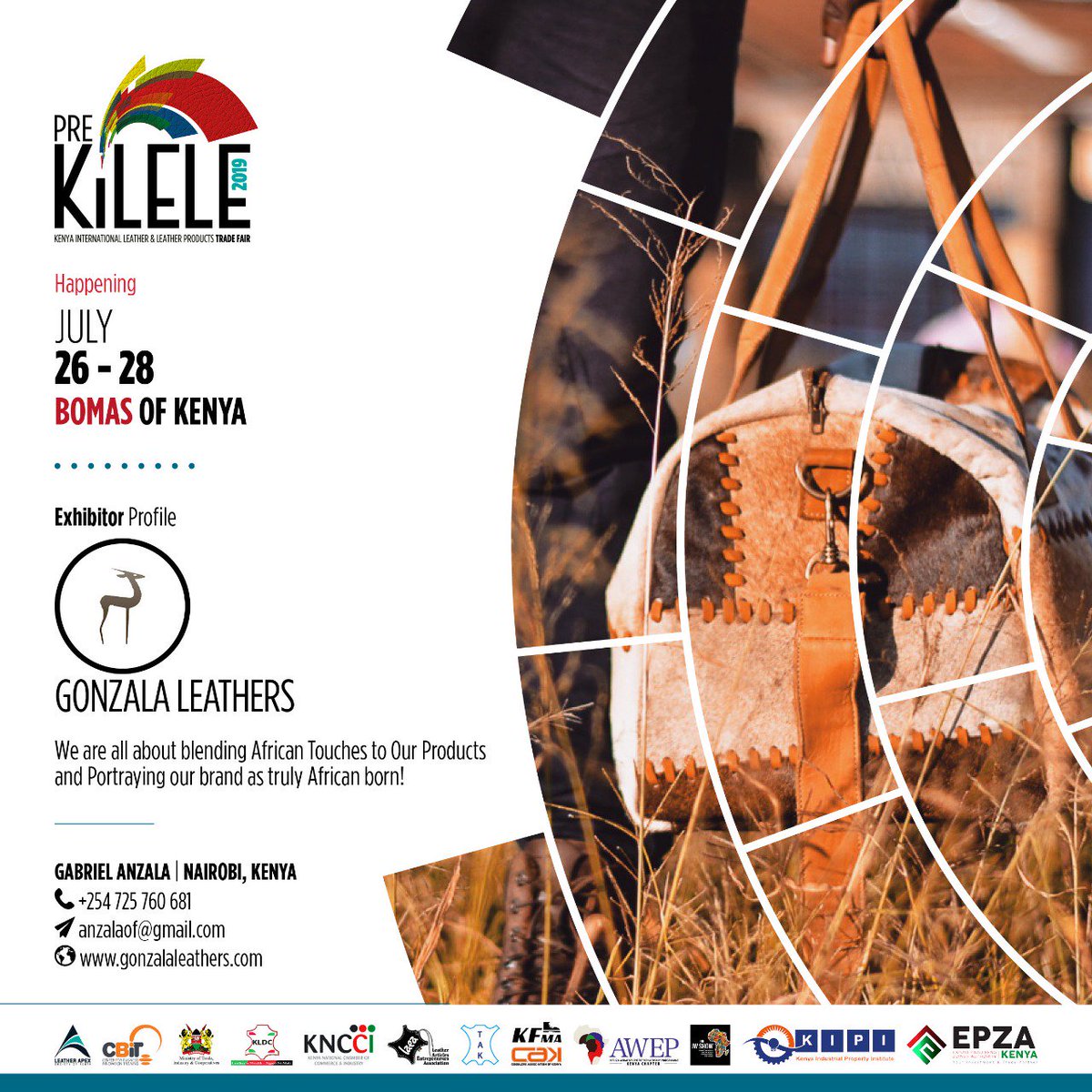 LeatherApex's tweet photo. Gonzala Leather, one of Kenya’s top leather brands will be showcasing their wide range of leather products including; bags, watch straps, camping chairs, seat covers and cooperate products, at the KILeLe Trade Fair.

RSVP: https://t.co/qbfDUh809G   

#KileleTradeFair https://t.co/AU4W2qnLzW
