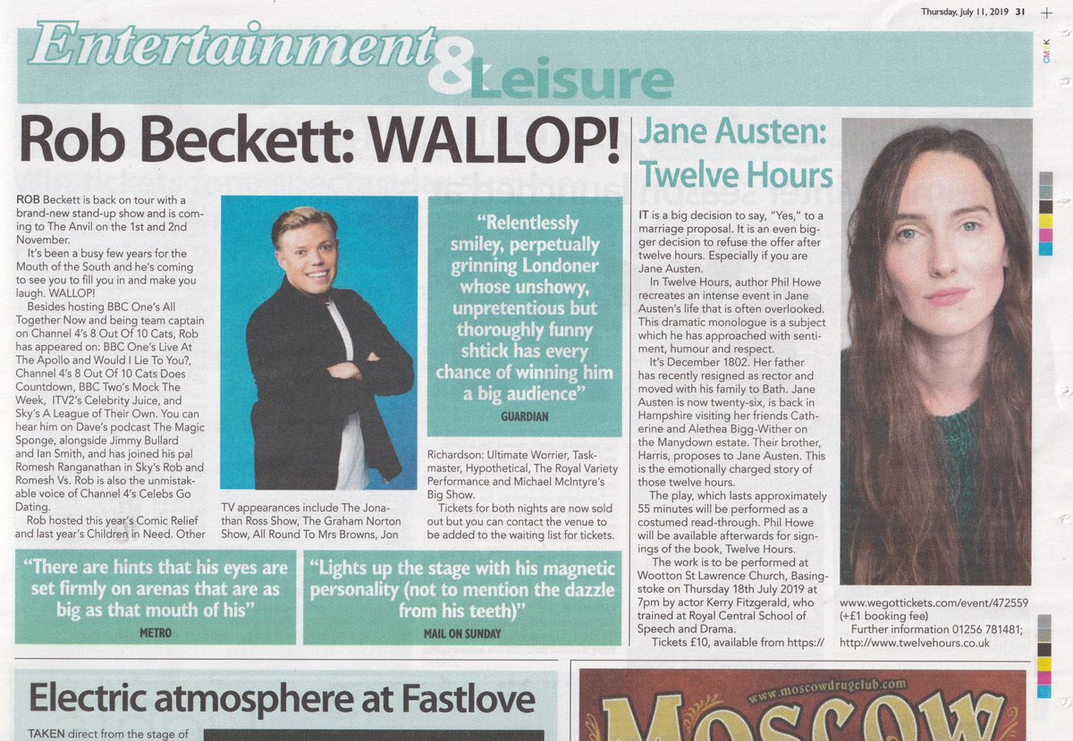 Oh! My face (pic by the wonderful <a href="/Grace_Portraits/">Tom Grace Portraits</a> ) was in the @BasingstokeNews this week! Very much looking forward to playing Jane Austen this week. 12 Hours by Phil Howe is on at Wootton St Laurence church, Thurs 18th July, 7pm.