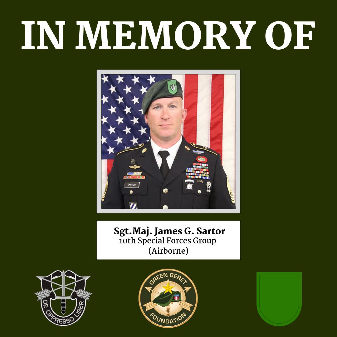 GreenBeretFound's tweet image. We are deeply saddened by the news of the loss of Sgt. Maj. James G. Sartor who died as a result of injuries sustained from enemy small arms fire during combat operations in Afghanistan. Our thoughts &amp;amp; prayers are with SGM Sartor’s family and teammates during this difficult time.