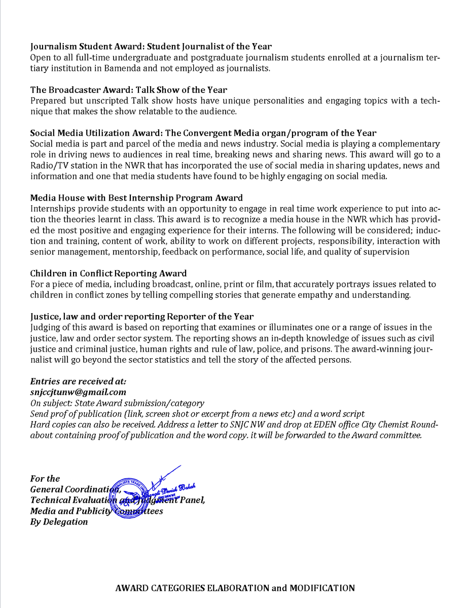 SnjcC's tweet photo. Here is an elaboration and modification of our award categories @AmbeMacmillian @NjodzefeNestor @ManzieMaikem @pedmia_shatu @PlanCameroon @UnescoYaounde @UNHumanRights #PressFreedom Together we can promote excellence, diversity of content and motivate our media workers https://t.co/wuuTknkKbF