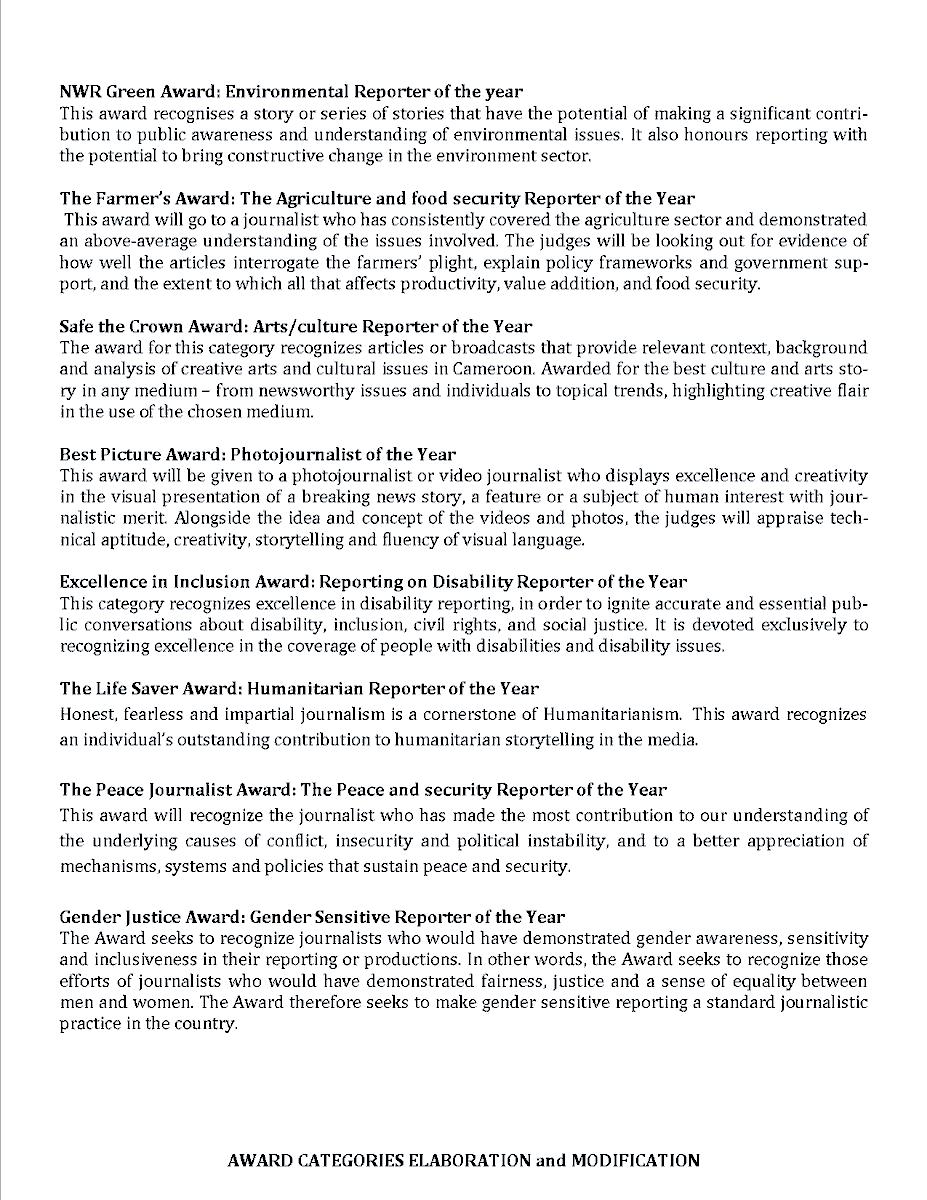 SnjcC's tweet photo. Here is an elaboration and modification of our award categories @AmbeMacmillian @NjodzefeNestor @ManzieMaikem @pedmia_shatu @PlanCameroon @UnescoYaounde @UNHumanRights #PressFreedom Together we can promote excellence, diversity of content and motivate our media workers https://t.co/wuuTknkKbF
