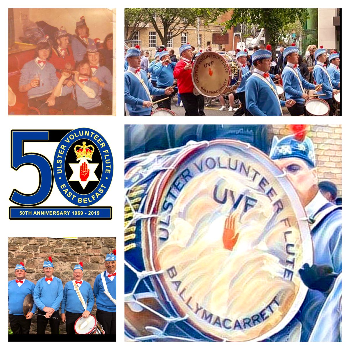 UvfBand's tweet photo. What a glorious twelfth we had leading our district in east Belfast .. on this our 50th year we decided to go retro and wear the bands first ever uniform we hope we managed to transport peoples memory back to yesteryear to a time and place when wholly jumpers were the whole go. https://t.co/Laj6PDuIV8