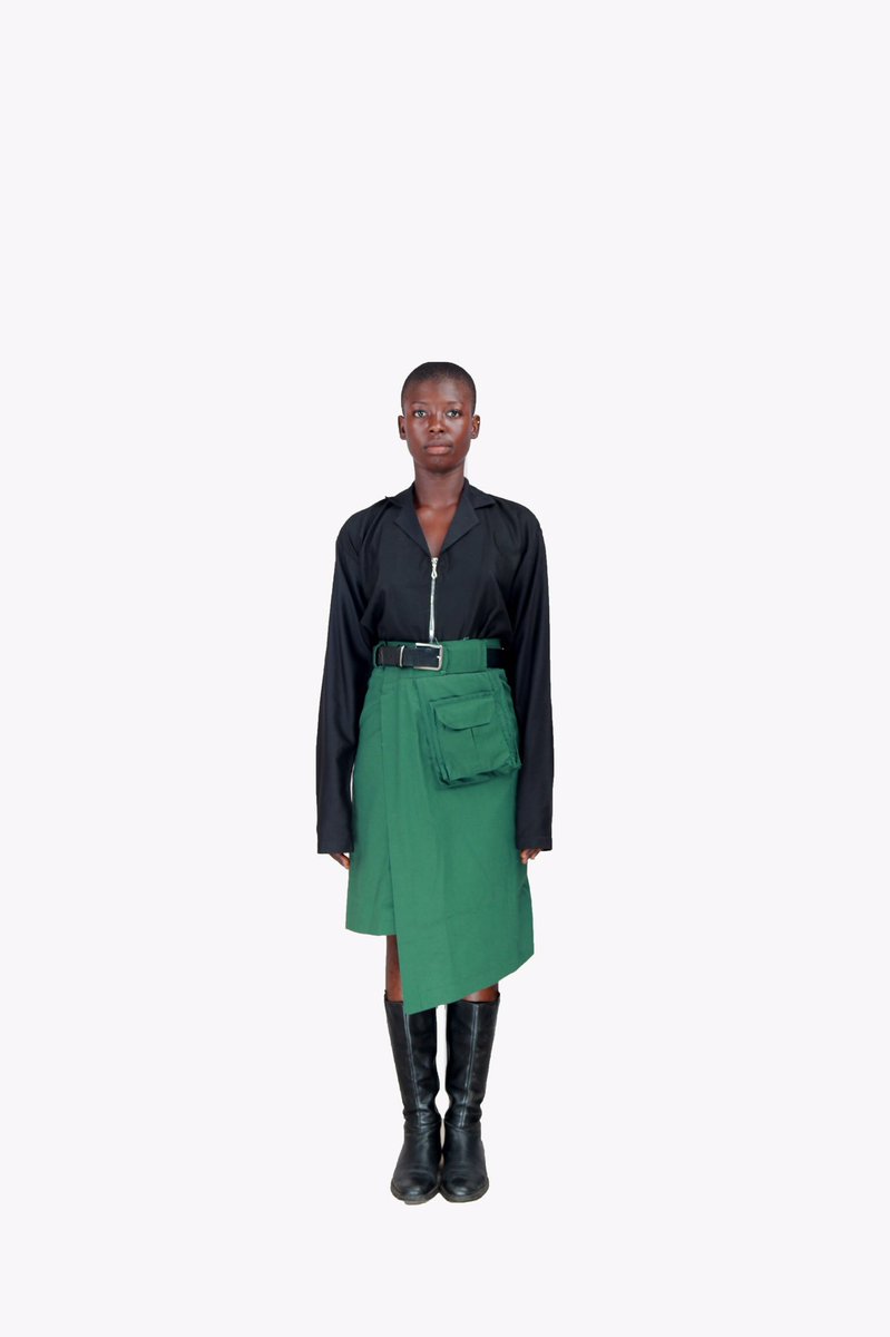 YOU_NIGERIA's tweet photo. Look 5 from the RESORT 19’ COLLECTION 
Look 5: Female wrap combat skirt in green and Unisex revere collar shirt in black
Photographer: @beyuzzphg
.
#YOU #YOUmen #YOUwomen #yourstyleisYOU https://t.co/pH7NGfpCRy