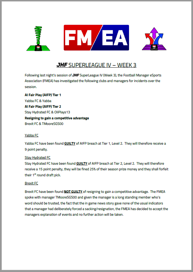 TheFMEA's tweet photo. The FMEA has now concluded it's investigations of @Yabba_94 @OliPlays13 &amp; @TMooreSGS00 following Week 3 of JHF SuperLeague IV last night.

Conclusions of these investigations are detailed in the statement below.

#FM19 #eSports #JHFseasonIV https://t.co/6cOsgYsTxu