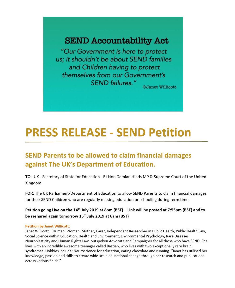 <a href="/SendCrisis_Worc/">SendNationalCrisis *Worcs*</a> urge you to support the following. Petition released at 20:00 today. Please sign when made available. Please RT. #SEND #SENDNationalCrisis #SchoolCuts <a href="/AgonyAutie/">Agony Autie</a> <a href="/senmonitoringg1/">senmonitoringgroup</a> <a href="/Julia_PDA_Daunt/">Julia PDA Daunt</a> <a href="/SEND_Action/">SEND Action</a> <a href="/SteveBroach/">Steve Broach KC</a> <a href="/SpcialNdsJungle/">Special Needs Jungle</a>