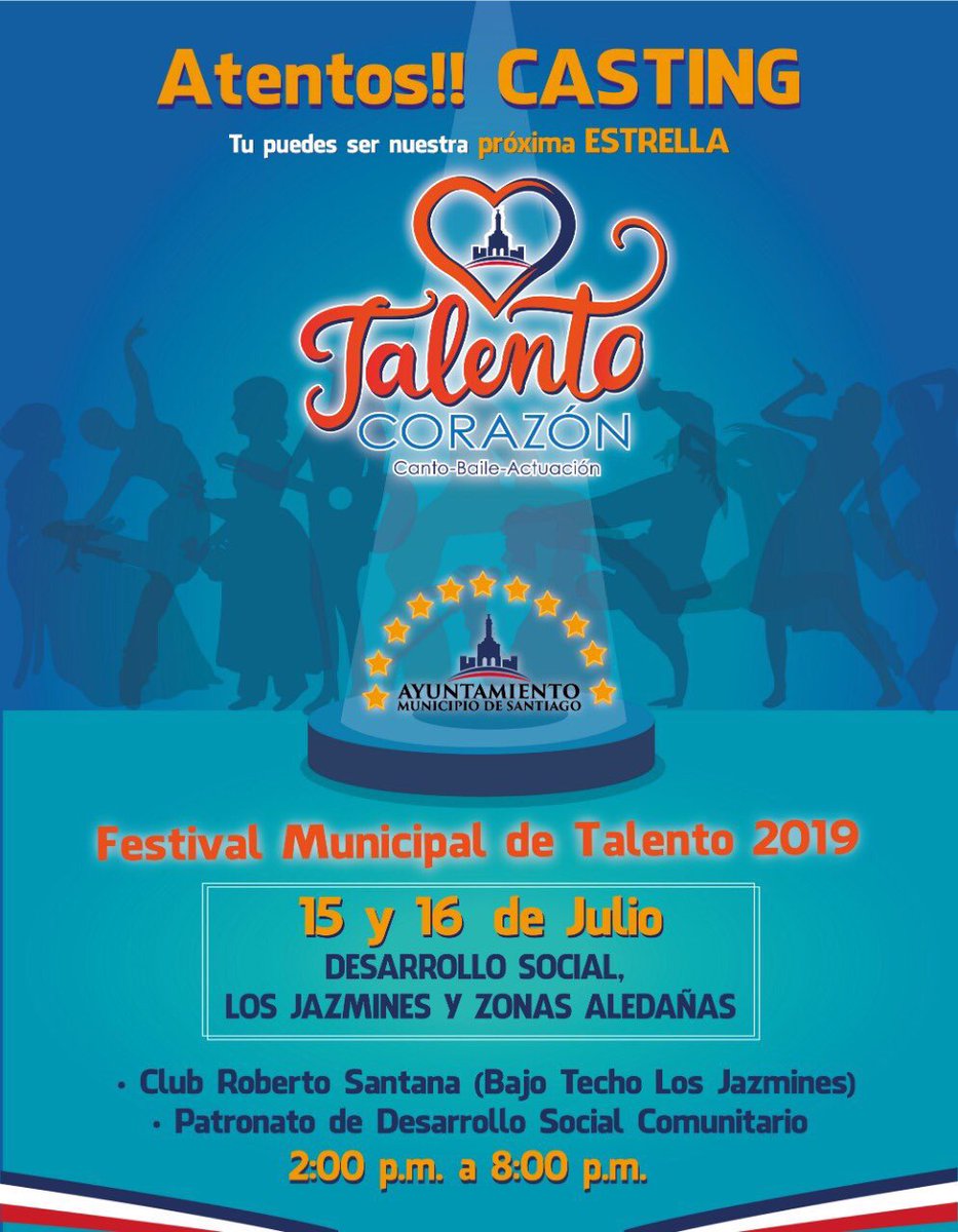 .<a href="/alcaldiadestgo/">Alcaldía de Santiago</a> convoca a un festival de talento municipal los días 15 y 16 de julio. Bajo el nombre “Talento de Corazón”. 

La gestión de <a href="/abelmartinezd/">Abel Martínez Durán</a> se ha destacado por priorizar el arte y la cultura.

#ElLectorRD #EntereseMejor #Talento #Arte