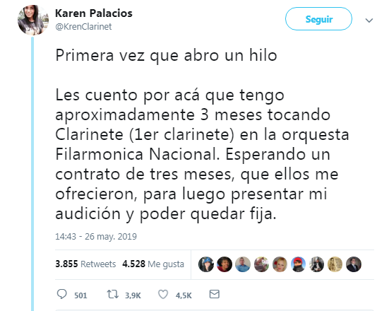 ReporteYa's tweet photo. #14Jul #ClarinetistaDetenida Karen Palacios, la joven Clarinetista que fue llevada de su casa por el DGCIM el 1 de junio 2019, había denunciado el pasado #26May en su cuenta oficial de twitter que había sido rechazada en la Orquesta Filarmonica Nacional por pensar diferente... https://t.co/iZtjeXRJN8
