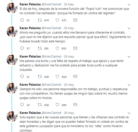 ReporteYa's tweet photo. #14Jul #ClarinetistaDetenida Karen Palacios, la joven Clarinetista que fue llevada de su casa por el DGCIM el 1 de junio 2019, había denunciado el pasado #26May en su cuenta oficial de twitter que había sido rechazada en la Orquesta Filarmonica Nacional por pensar diferente... https://t.co/iZtjeXRJN8