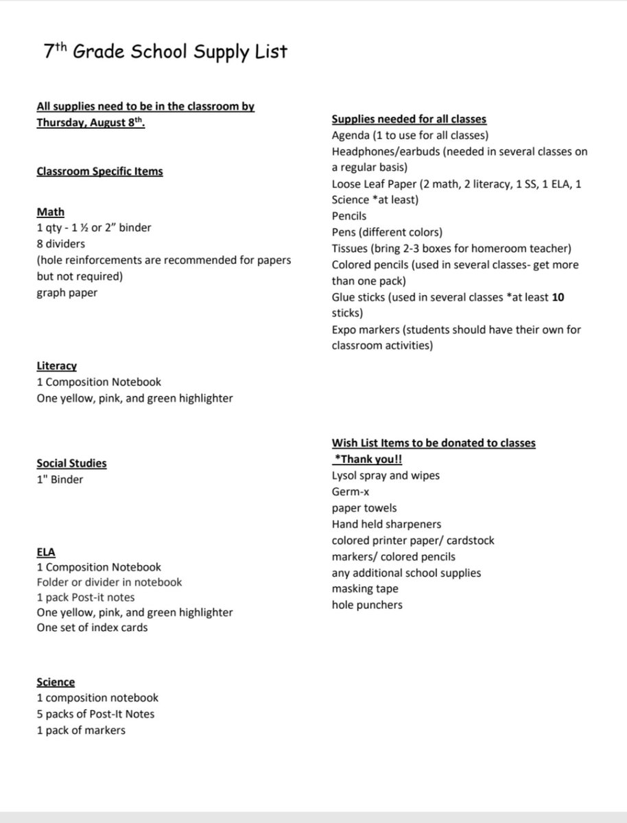 SCMS 7th Grade Supply List
