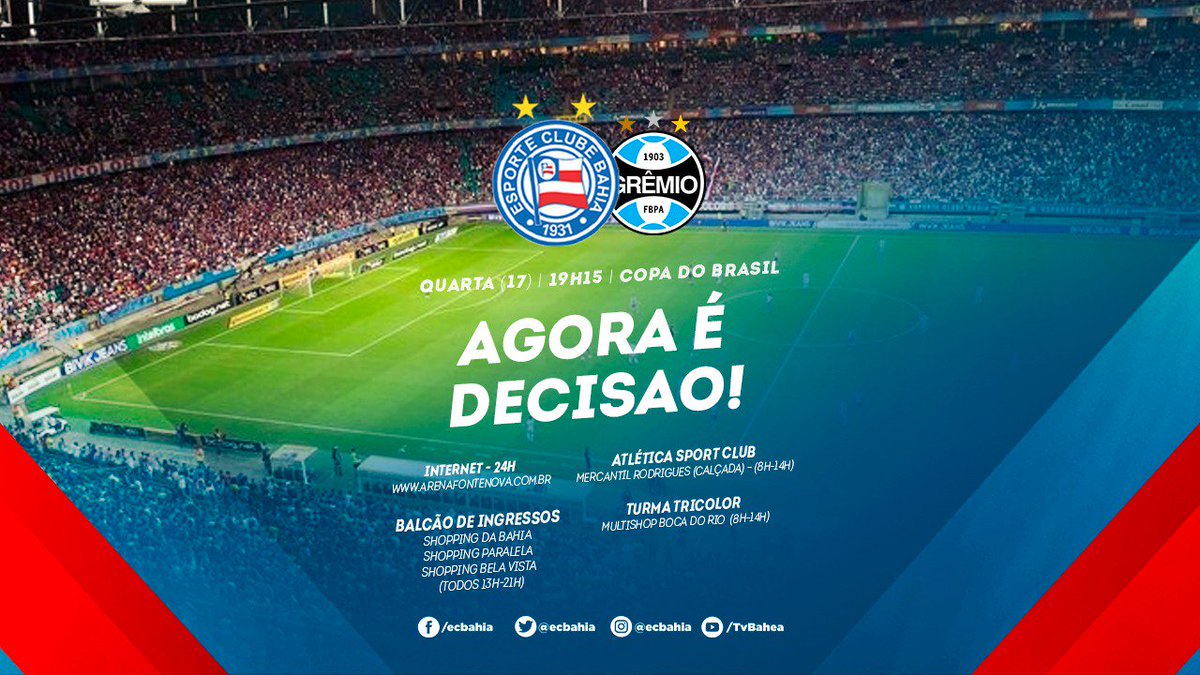 🔥🔥🔥 Tá acabando, mas ainda tem ingresso! Cerca de 37 mil já garantidos pra Bahia x Grêmio. Restam vagas nos setores Cadeira Sul, Norte superior, Leste superior, Oeste superior e Lounge Norte ➡️ bit.ly/2Lgymit #BBMP