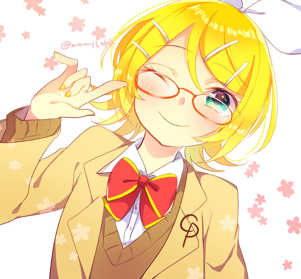 kagamine rin 1girl blonde hair one eye closed glasses hair ornament solo bow  illustration images