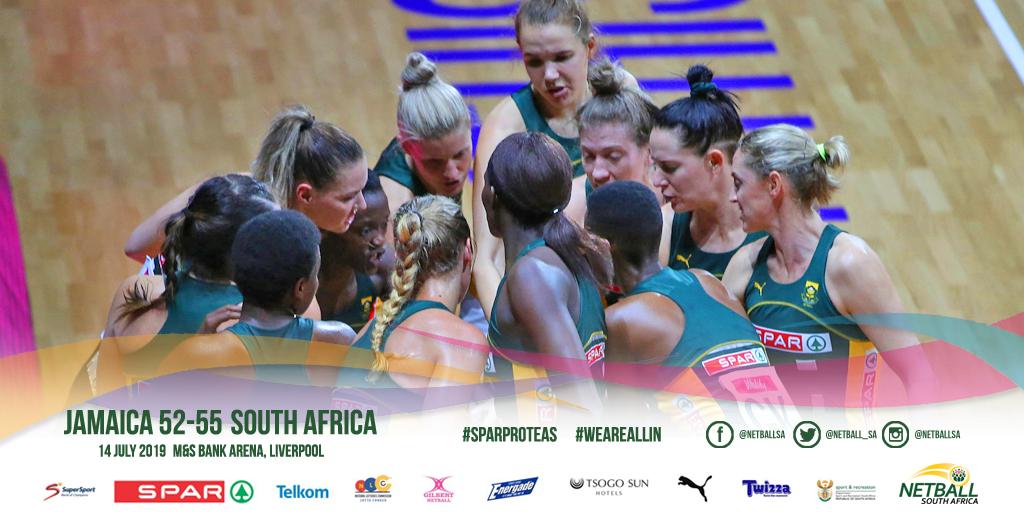 Netball_SA's tweet photo. WOW, we're still rattled! South Africa victorious over World Number 2 Jamaica. Karla is today's Player of the Match. What a match! Take a bow South Africa. 🙌🇿🇦🏆

#SPARProteas #WeAreAllIn #JAMvSA #NWC2019 https://t.co/ztcjBwrejk