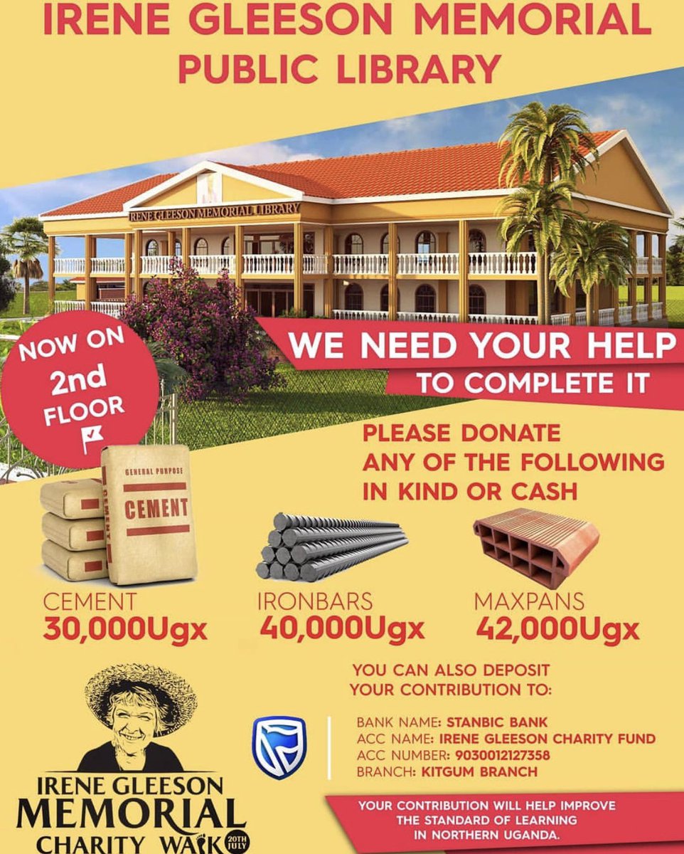 GleesonWalk's tweet photo. #LetsBuildTheLibrary: Earlier this year, #Kitgum LCV Chairperson Hon Jackson Omona received 10million Shs pledge by Speaker of @Parliament_Ug Rt Hon @RebeccaKadaga delivered by Min. @okelloryem
towards construction of #IreneGleesonMemorialLibrary in #Kitgum
@915MightyFiref2 https://t.co/VdI7cap3BN