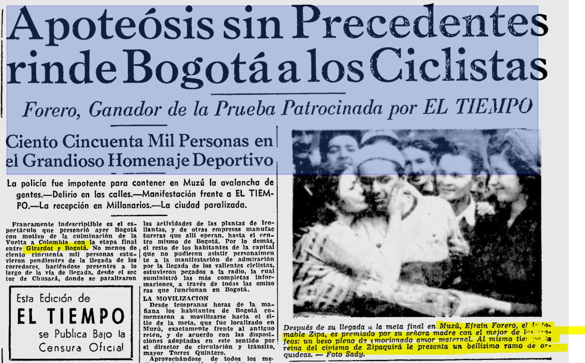 Aquel 17 enero 1951 Finalizacion 1a. Vuelta a COLOMBIA. Campeón  EFRAÍN FORERO "EL ZIPA". <a href="/diosesazul1946/">Jose Villanueva</a> <a href="/GOGA/">Faizal Goga</a> <a href="/PROFE_RESTREPO/">OSCAR RESTREPO</a> <a href="/victorhugopenag/">Victor Hugo Pena/ OLY</a> <a href="/UranRigoberto/">Rigoberto Uran</a> Etapa Bogotá- Girardot. <a href="/colombia_hist/">Historia de colombia</a> <a href="/ACORDBOGOTA/">ACORD BOGOTA</a>