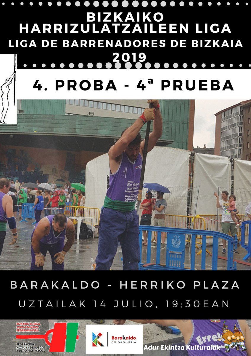 Harrizulaketa's tweet photo. Bizkaiko #harrizulatzaileak Liga 2019.
Uztailaren 14an, ligako 4. proba Barakaldon, Herriko plazan 19:30ean
4° prueba de Liga en Barakaldo el 14 de julio a las 19,30h en la Herriko plaza. 
#herrikirolak https://t.co/KabiVpeMtt
