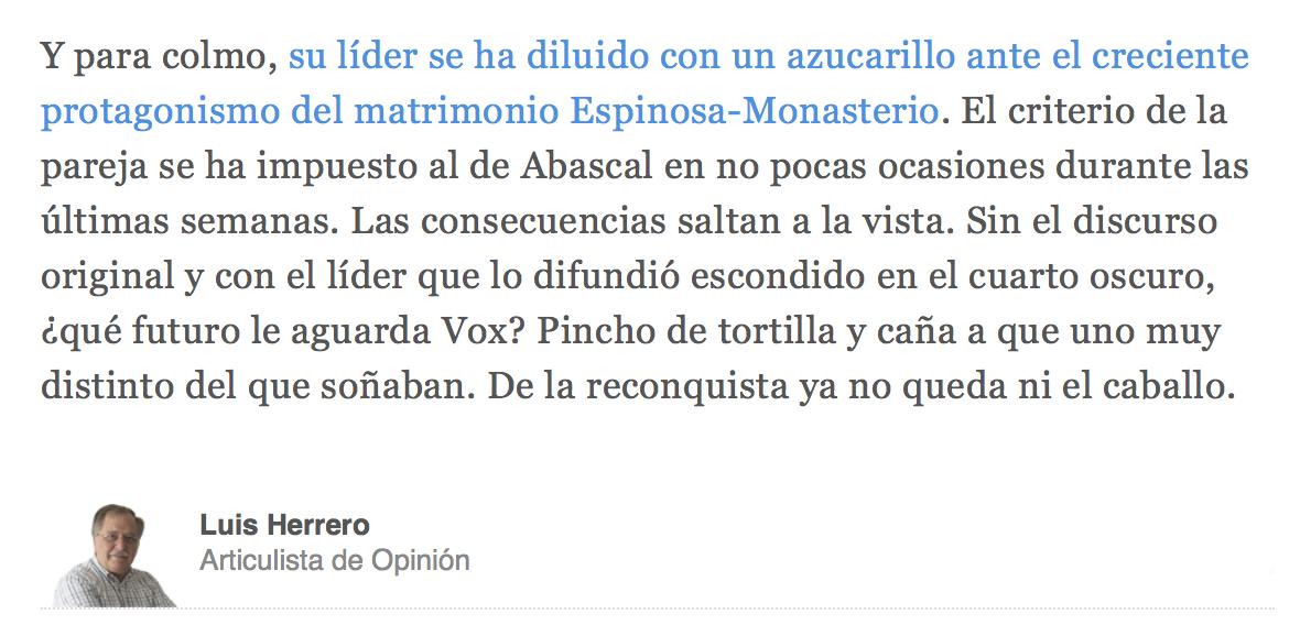 elentirvigo's tweet photo. Luis Herrero hoy en Abc, apoyando la campaña de ataques de Federico Jiménez Losantos contra Vox. Esta misma semana @Santi_ABASCAL ha estado en Antena 3 y Telecinco y ha ofrecido una rueda de prensa en Murcia. "Escondido en el cuarto oscuro", según Herrero. ¡Mentiroso! https://t.co/4bzQIViM7t