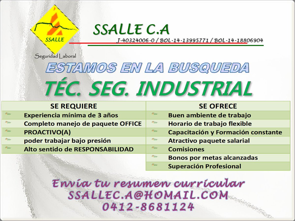 SSALLE_CA's tweet photo. @SSALLE_CA en busca de profesionales en el área de la seg. industrial..! #lopcymat #inpsasel #prevención #seguridadlaboral anímate ! https://t.co/W6pIDVApa9