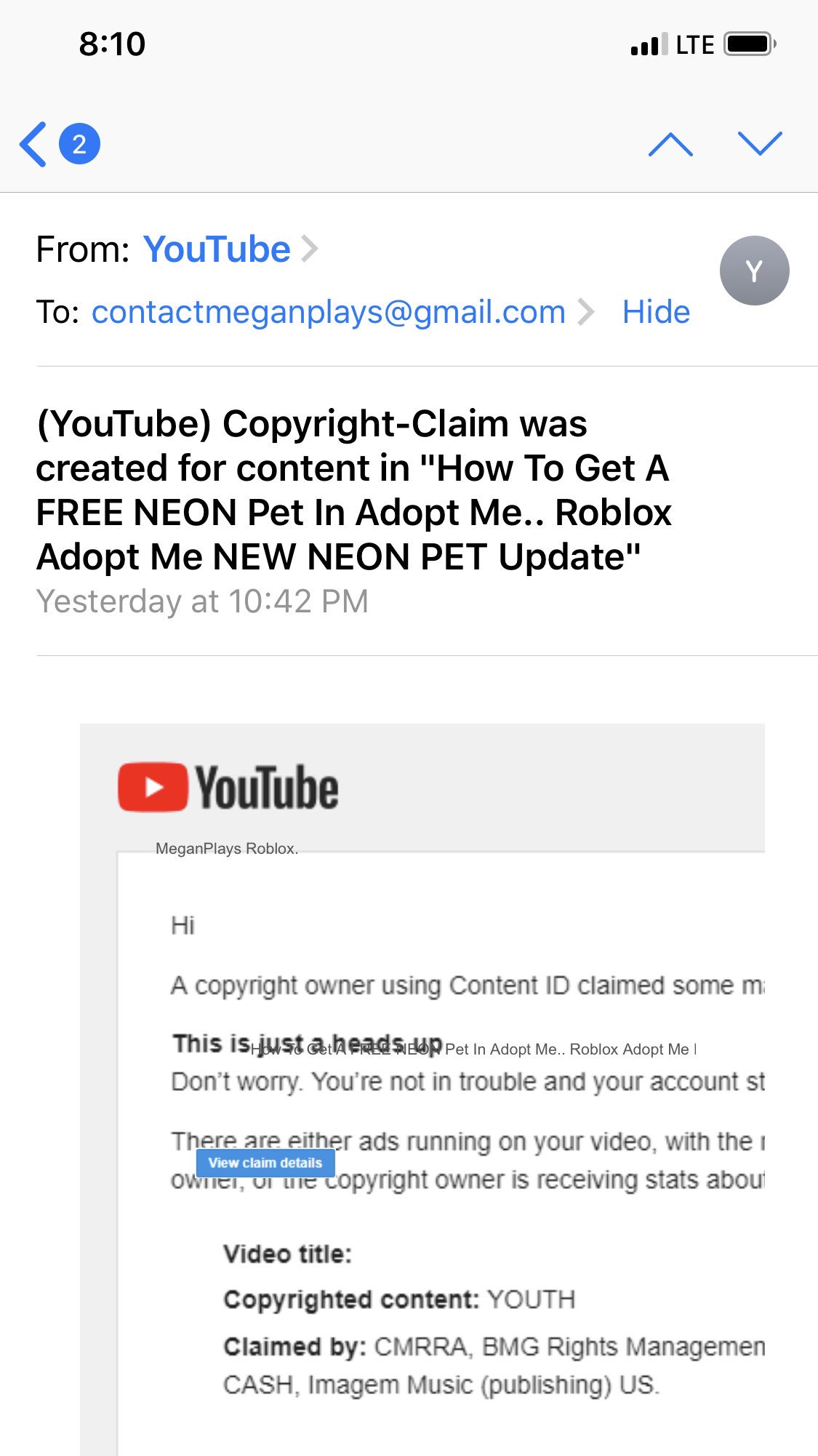 Meganplays On Twitter Warning To Youtubers I Got This Copyright Claim On My Video Which Is Super Unusual After Further Investigation This Was Sent To My Email That I Dont Have Connected - what is meganplays roblox username