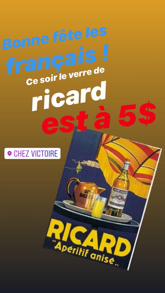 Bon 14 juillet ! 🇫🇷Pour l’occasion, le verre de Ricard est à 5$ ce soir !