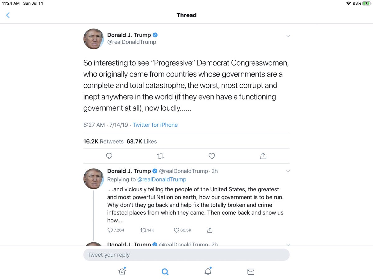 .@RealDonaldTrump, you can only HOPE to be as patriotic as we are. <a href="/AOC/">Alexandria Ocasio-Cortez</a>⁩, ⁦<a href="/RashidaTlaib/">Rashida Tlaib</a>⁩ &amp; ⁦<a href="/AyannaPressley/">Ayanna Pressley</a>⁩ were born IN America.  ⁦<a href="/IlhanMN/">Ilhan Omar</a>⁩ &amp; I are proud naturalized citizens, making sure America keeps to our ideals. YOU are expert at racism, xenophobia..
