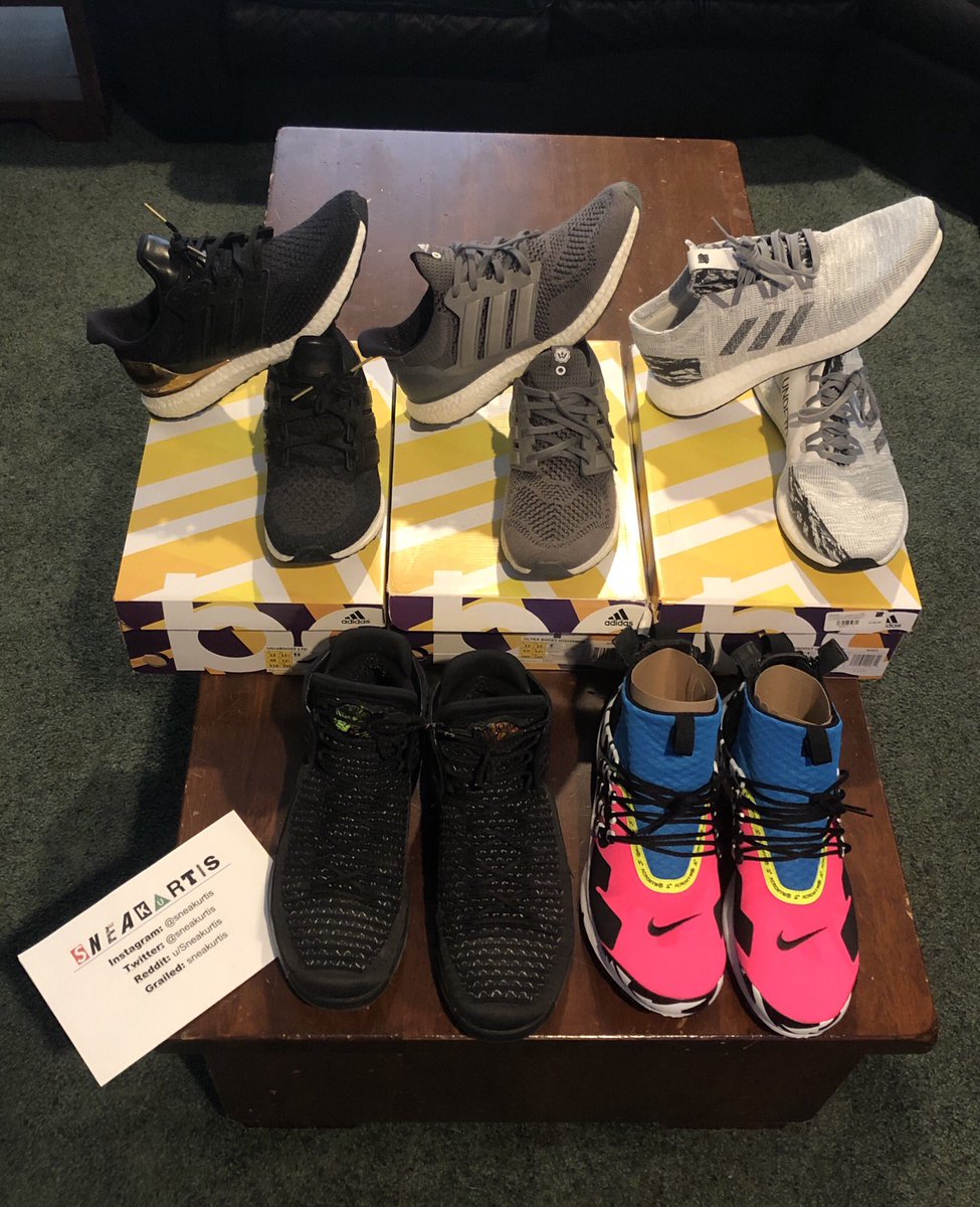 Sneakurtis's tweet photo. Size 13/12.5 DEALS!

High Snobiety Ultraboost 1.0 
Size 12.5
7/10
$295

Jordan XXXII (32) Black Cat 
Size 13
7.5/10 no box
$95

Ultraboost 2.0 ‘Gold Medal’ 
Size 13
9.5/10
$165

Acronym Presto ‘Racer Pink’ 
Size 13
DS no box
$280

Undefeated Pureboost GO 
Size 13
9.5/10
$85 https://t.co/zXjzWLrArL