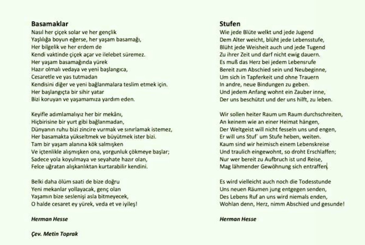 M_toprak's tweet photo. Dünyanın en çok okunan şiirini çevirmeye çalıştım. Herman Hesse: Stufen (Basamaklar)
#HermannHesse https://t.co/gjC9wx9x9w
