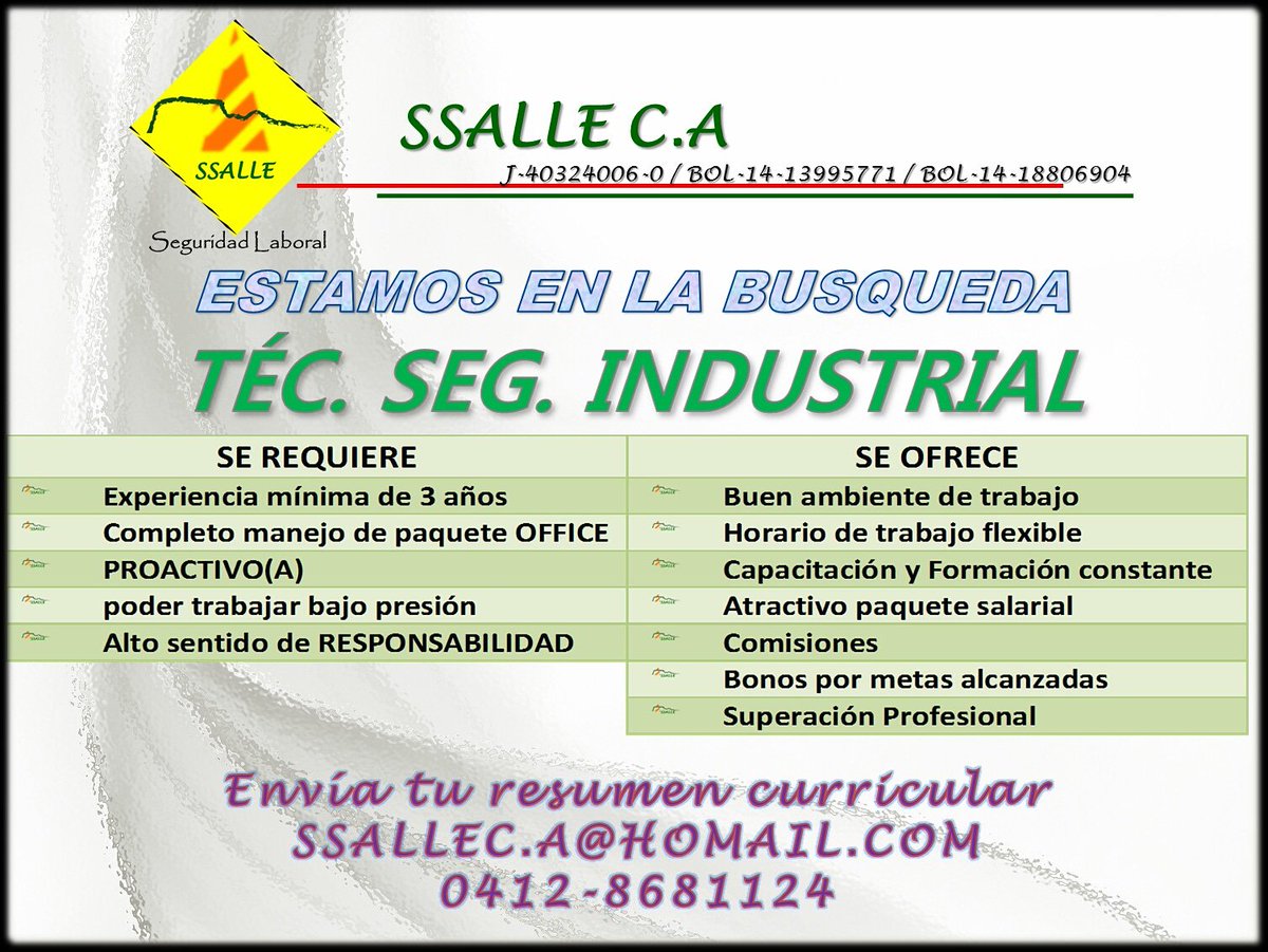 SSALLE_CA's tweet photo. @ssallec.a está en la búsqueda de profesionales para formar parte de nuestro gran equipo de trabajo, #animate ..! #lopcymat #seguriadlaboral #asesores #prevencionderiesgos #inpsasel https://t.co/vsrfTO5DH7
