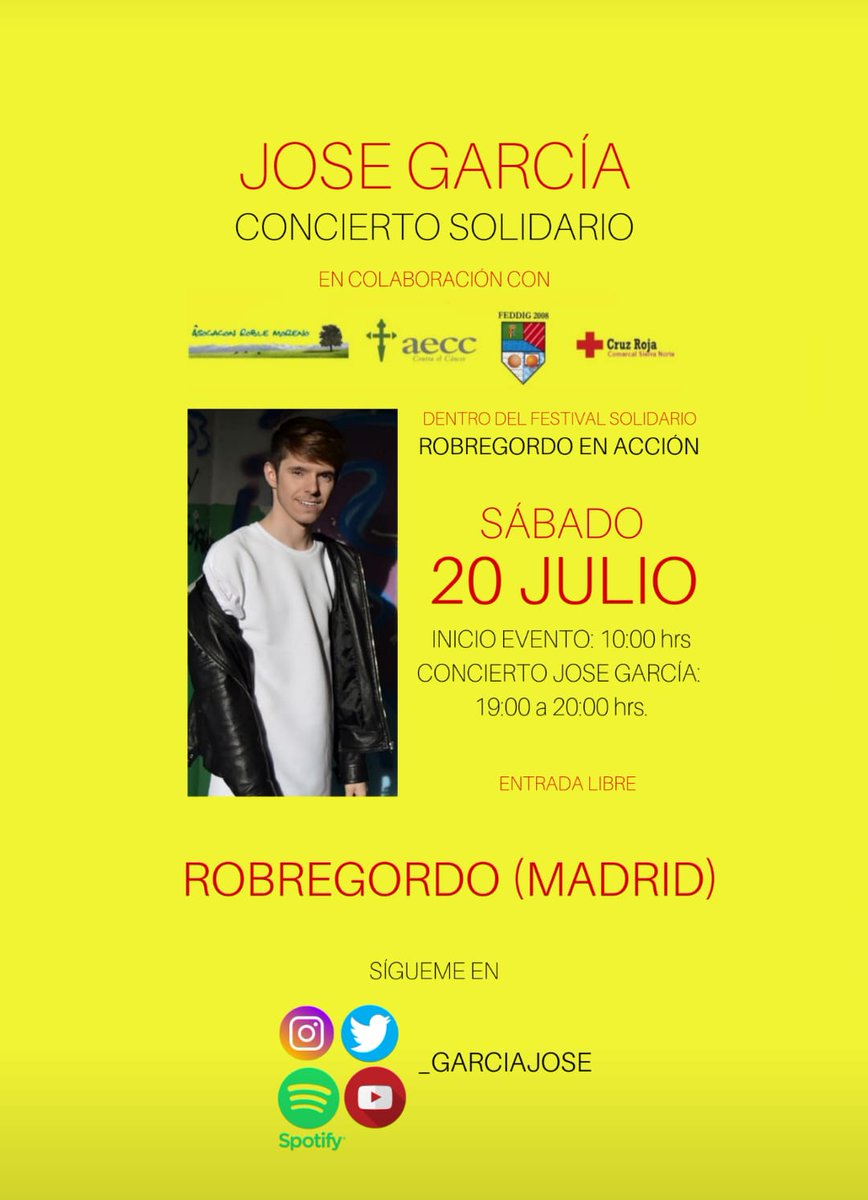 RobregordoEnAcc's tweet photo. Dentro de los actos previstos en la 4ª edición del festival solidario @robregordoinaction, no te puedes perder el concierto que nos va a ofrecer de forma desinteresada el actor y cantante José García. Será el #20dejulio a las 19:00 h en el escenario de la plaza de #Robregordo https://t.co/p2eXYS9toq