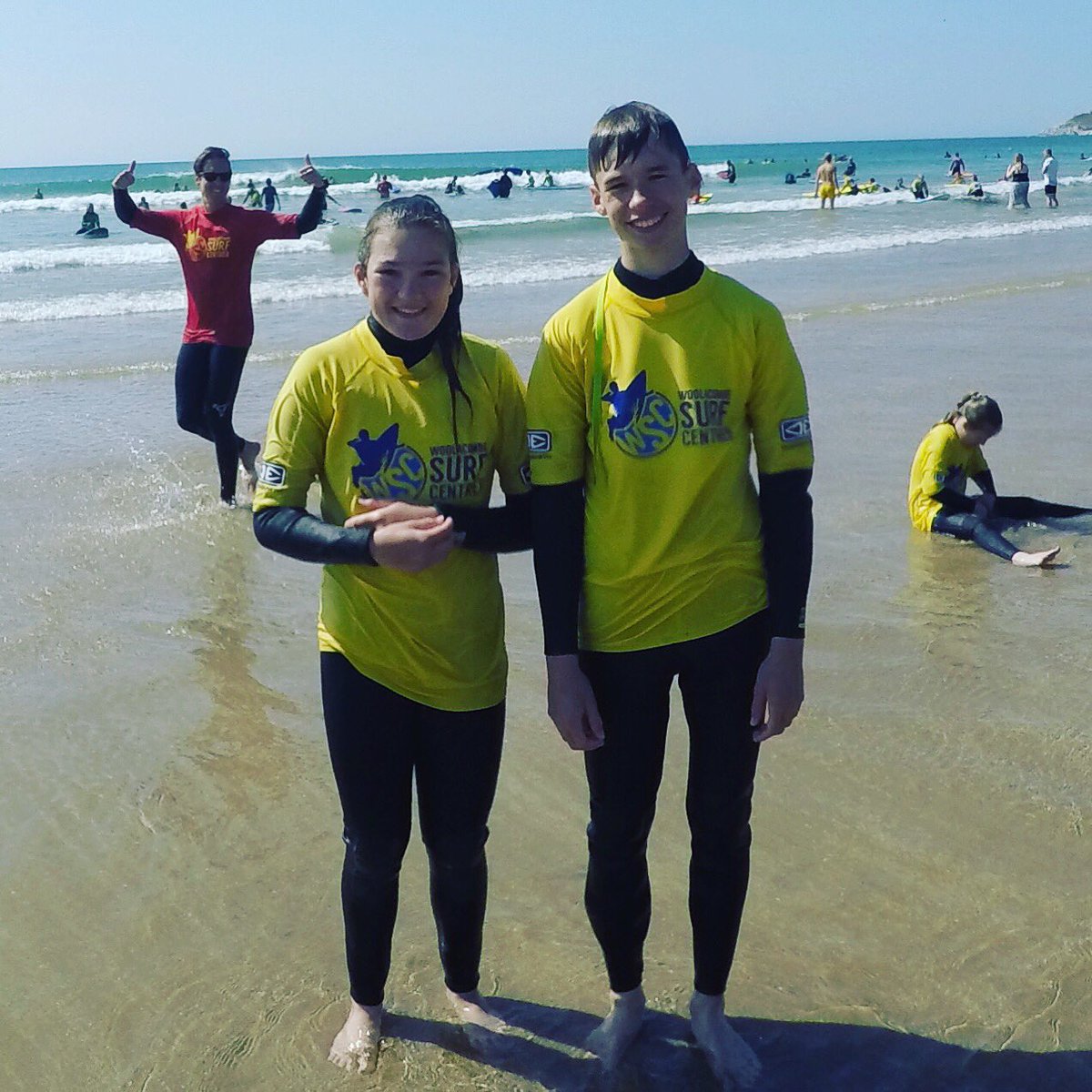 WoolacombeSurf's tweet photo. Photo bomb! Stunning day in the beach here at Woolacombe, small clean surf and point to point sunshine!! #woolacombe #smiles #pose #postsurf #photobomb #surfcoach #surfschool #lesson3 #fun #happy #northdevon #surfcoach #learn2surf #centreofexcellence #freephotos https://t.co/SvyoS09fH5