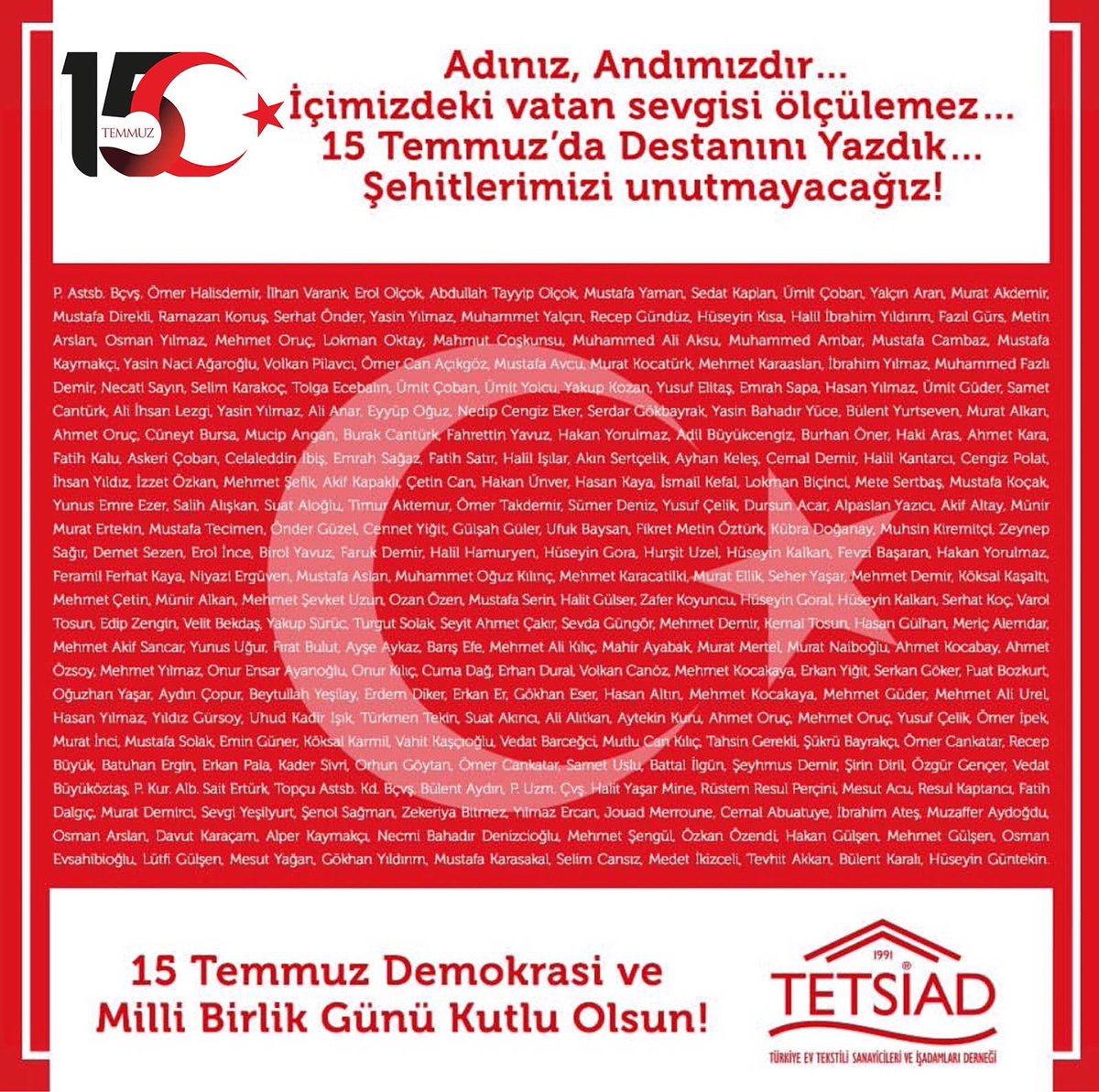 15 Temmuz Demokrasi ve Milli Birlik Günü Kutlu Olsun! #15Temmuz #demokrasi #millibirlik #türkiye #tetsiad