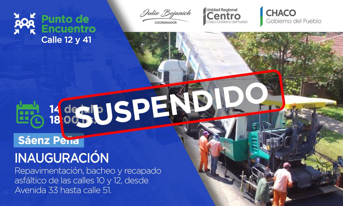 URCentro's tweet photo. #SeInforma 🚨 Que por razones de Agenda de Gobernador @domingopeppo se ha suspendido el Acto protocolar de Inauguración de Obras para la ciudad de Sáenz Peña, la nueva fecha será establecida en próximos días.

@BojanichJulio @ChacoGobierno https://t.co/jm6PEgN8zH