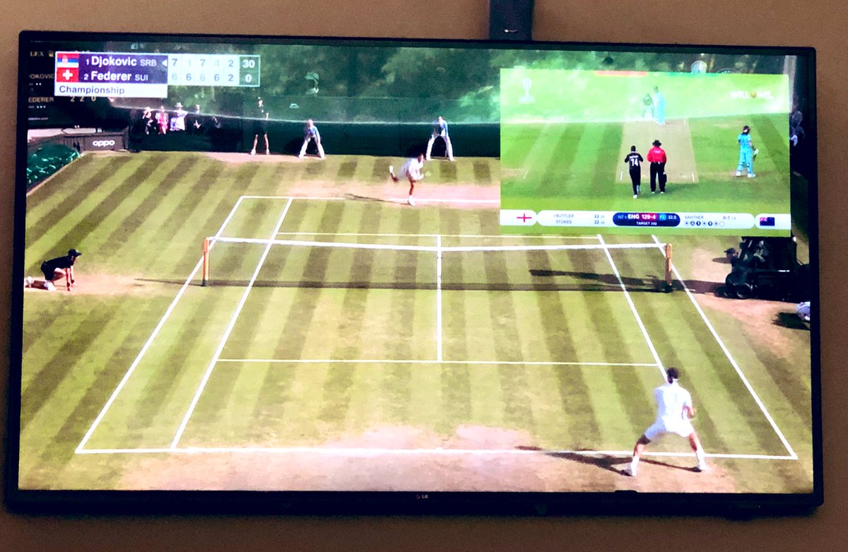 Fun Sunday morning switching between the @Wimbledon finals (go @rogerfederer) & @ICC Cricket World Cup finals  @cricketworldcup (go @BLACKCAPS) - both turning out to be nail biters🍻 #WimbledonFinal #icccwcfinal