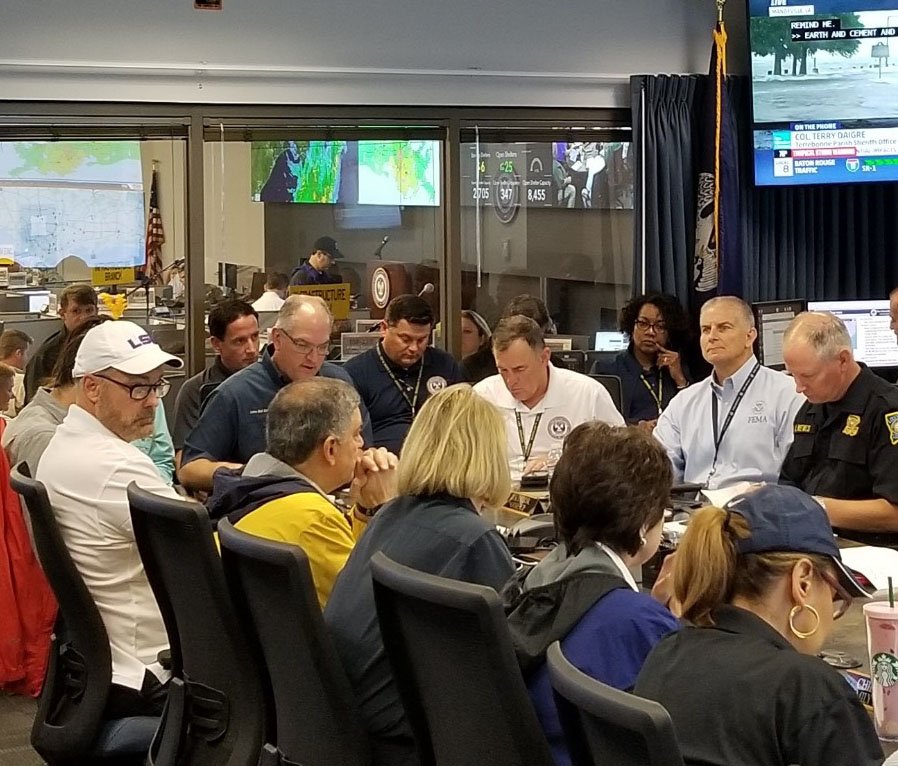<a href="/FEMARegion6/">FEMA Region 6</a> Regional Administrator Tony Robinson attends a Unified Command Group briefing with Louisiana Gov. Edwards and emergency responders as they coordinate the state’s response to #TSBarry as it tracks north through Louisiana #Barry